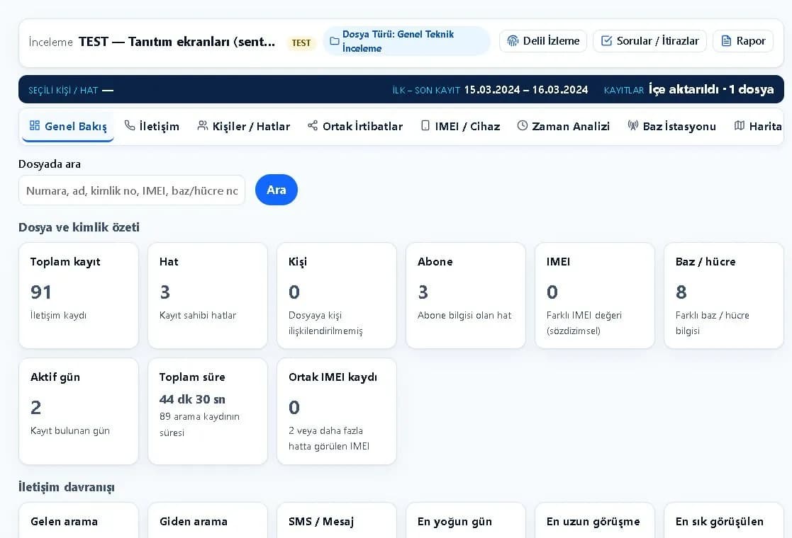 HTS / İletişim ekranı (sentetik örnek veri)