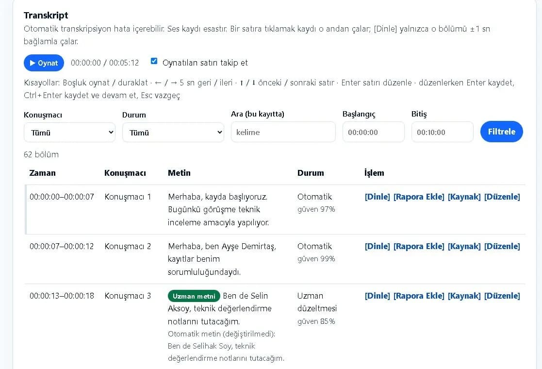 Ses → Metin ekranı (sentetik örnek veri)